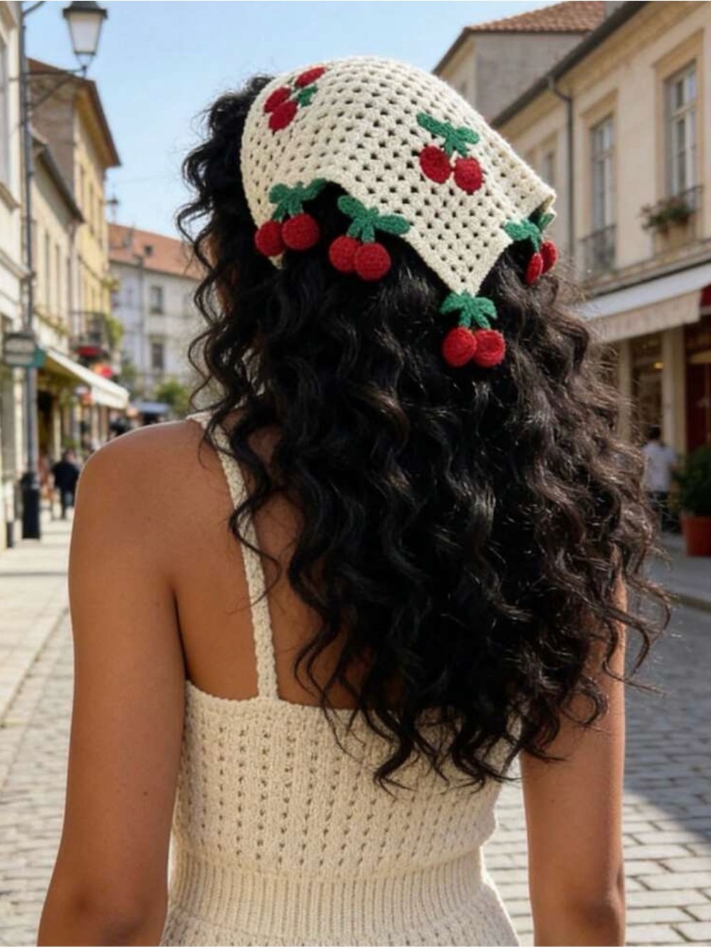 Crochet Cherry Bandana Scarf - Cream with Red Cherries